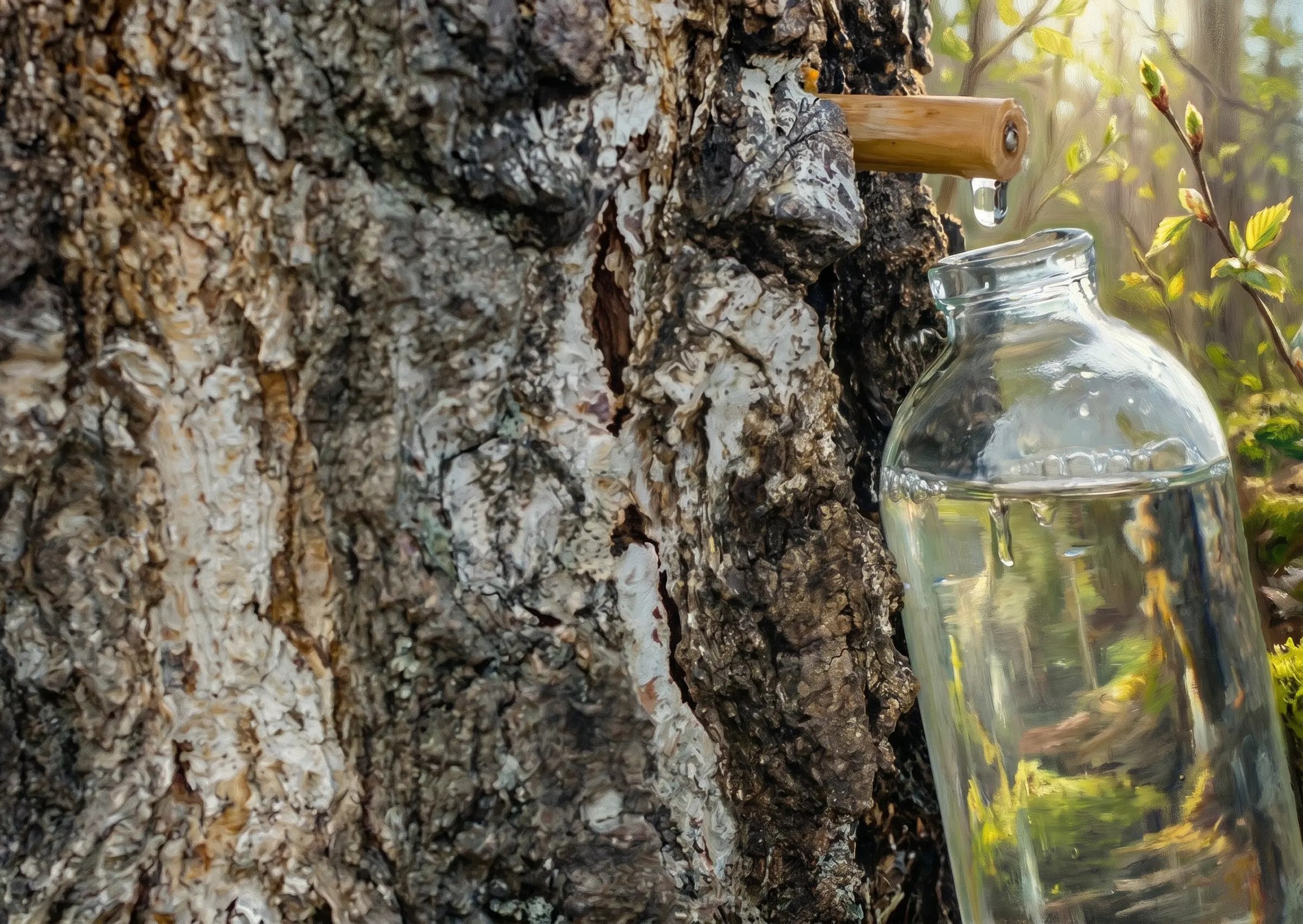 Récolte de sève de bouleau au printemps
